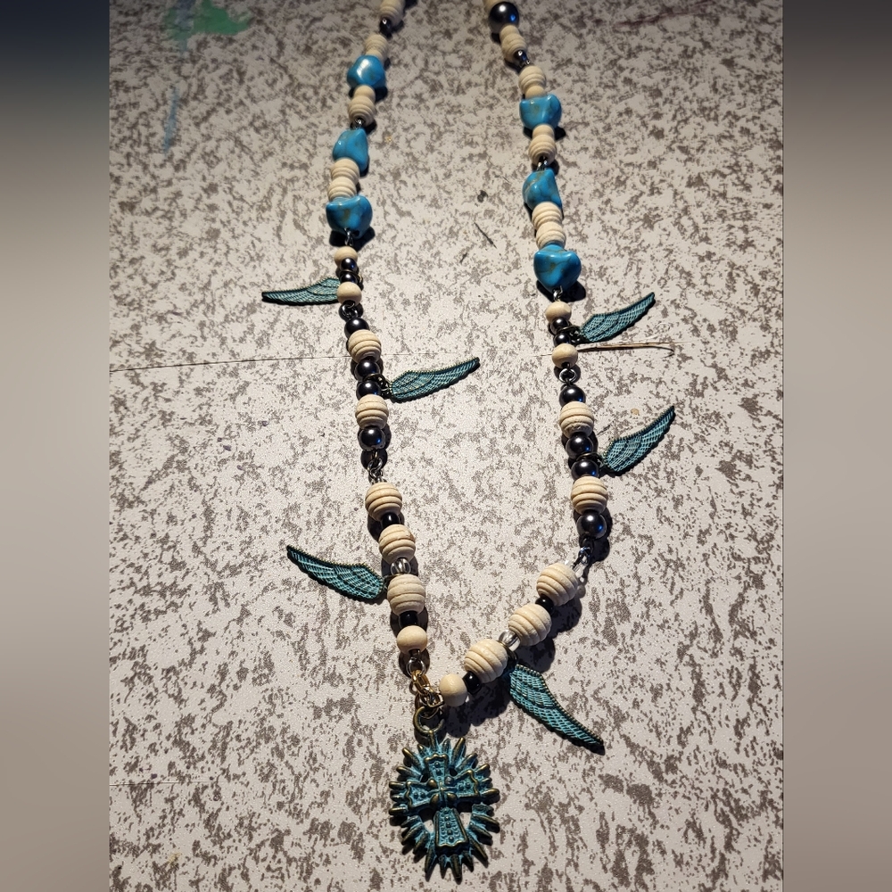 Turquoise and Cream Beaded Necklace with Wing Accents